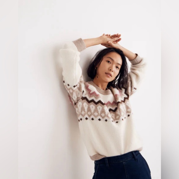 NWT Madewell Wool Blend Fair Isle Markham Pullover Sweater Antique Cream Large - Picture 3 of 15